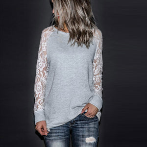 Fashion Womens Casual Lace Long Sleeve Crop O-Neck Pullover T-Shirt Blouse Tops - Maxillovias